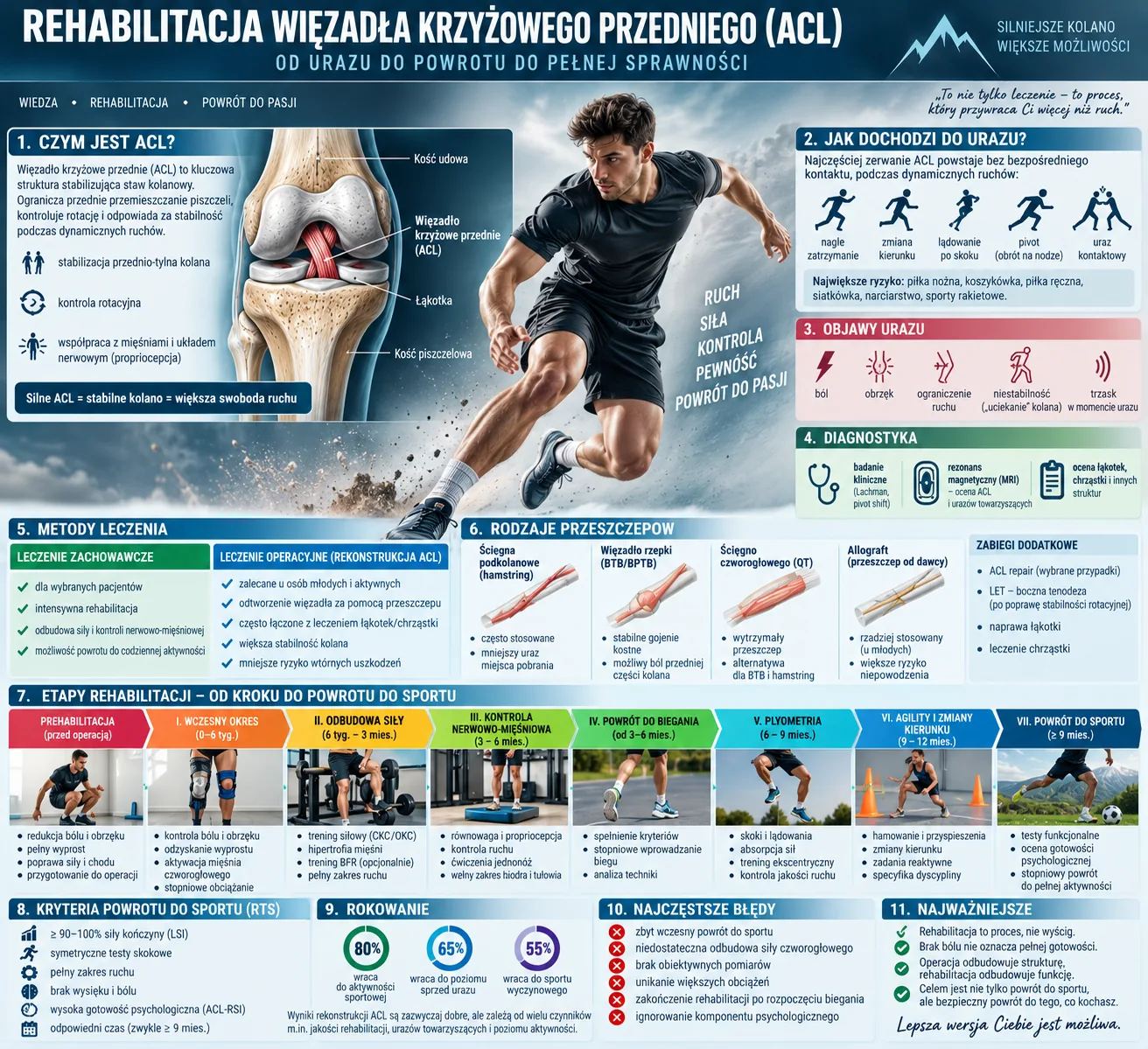 Infografika: etapy rehabilitacji ACL od prehabilitacji do powrotu do sportu, kryteria RTS i najczęstsze błędy