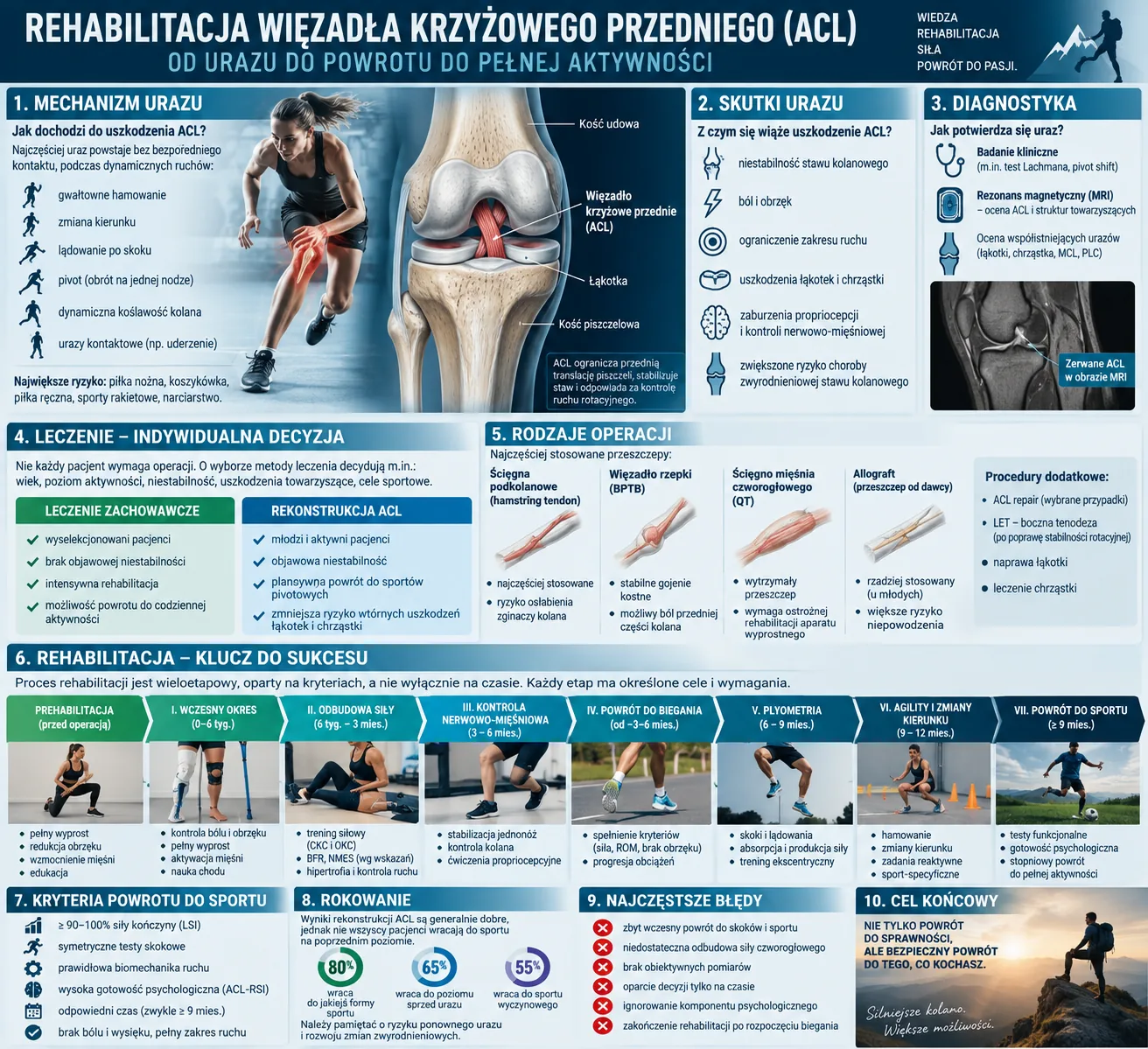 Infografika: rehabilitacja więzadła krzyżowego przedniego ACL – mechanizm urazu, diagnostyka, leczenie, etapy rehabilitacji i powrót do sportu