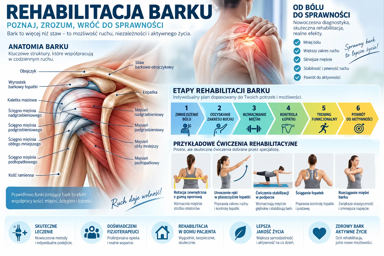Rehabilitacja barku – anatomia barku, etapy rehabilitacji i przykładowe ćwiczenia poprawiające zakres ruchu, siłę i stabilizację
