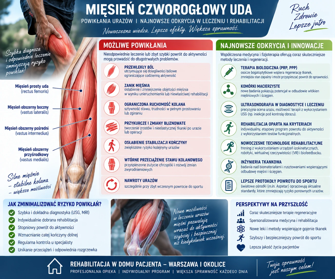 Powikłania urazów mięśnia czworogłowego uda oraz współczesne kierunki leczenia i rehabilitacji.