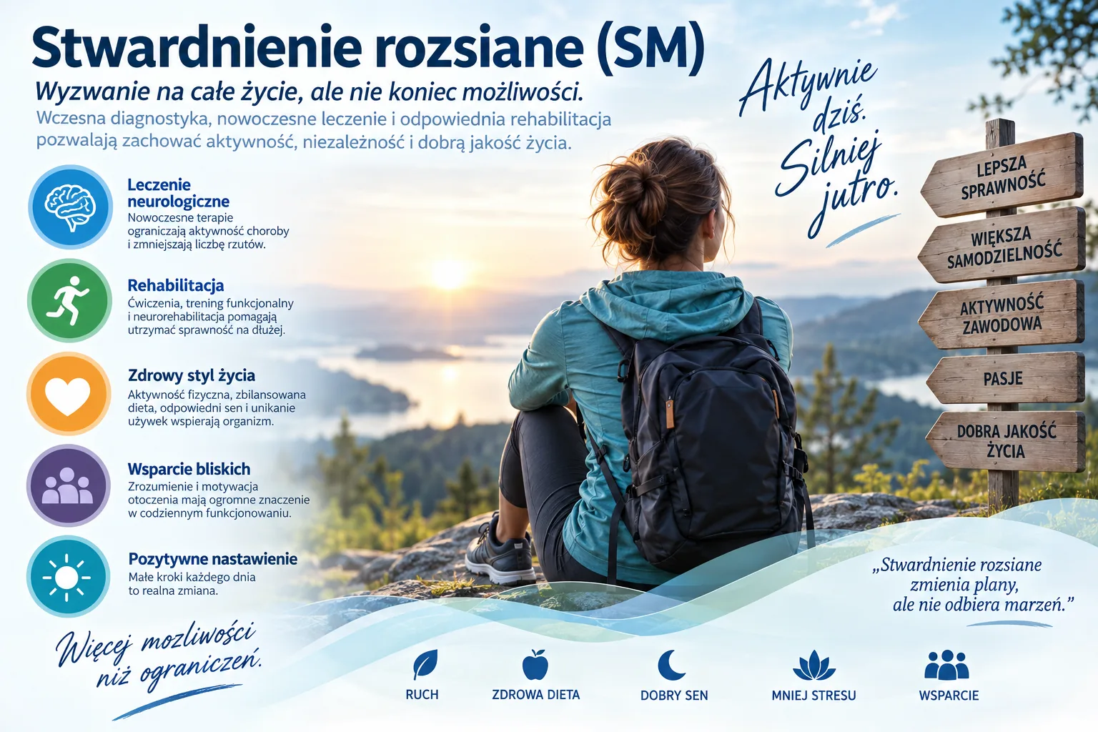 Stwardnienie rozsiane i aktywne życie: leczenie neurologiczne, rehabilitacja, zdrowy styl życia, wsparcie i samodzielność