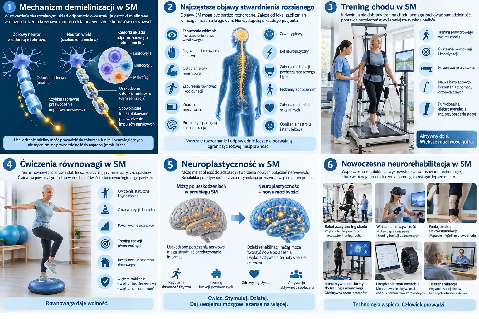 Infografika o stwardnieniu rozsianym: demielinizacja, objawy SM, trening chodu, ćwiczenia równowagi, neuroplastyczność i nowoczesna neurorehabilitacja