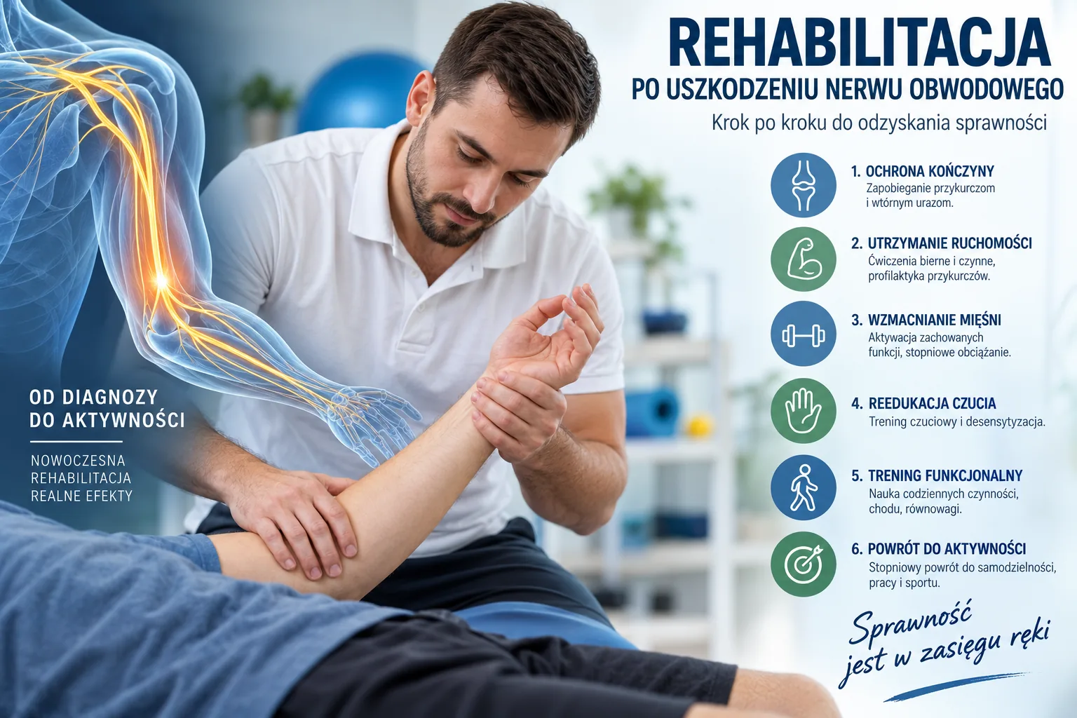 Rehabilitacja po uszkodzeniu nerwu obwodowego – ochrona kończyny, ruchomość, wzmacnianie, reedukacja czucia i trening funkcjonalny