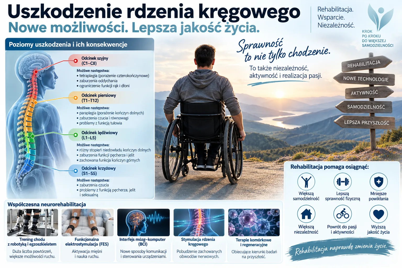 Infografika przedstawiająca poziomy uszkodzenia rdzenia kręgowego, możliwe konsekwencje oraz współczesne technologie neurorehabilitacyjne