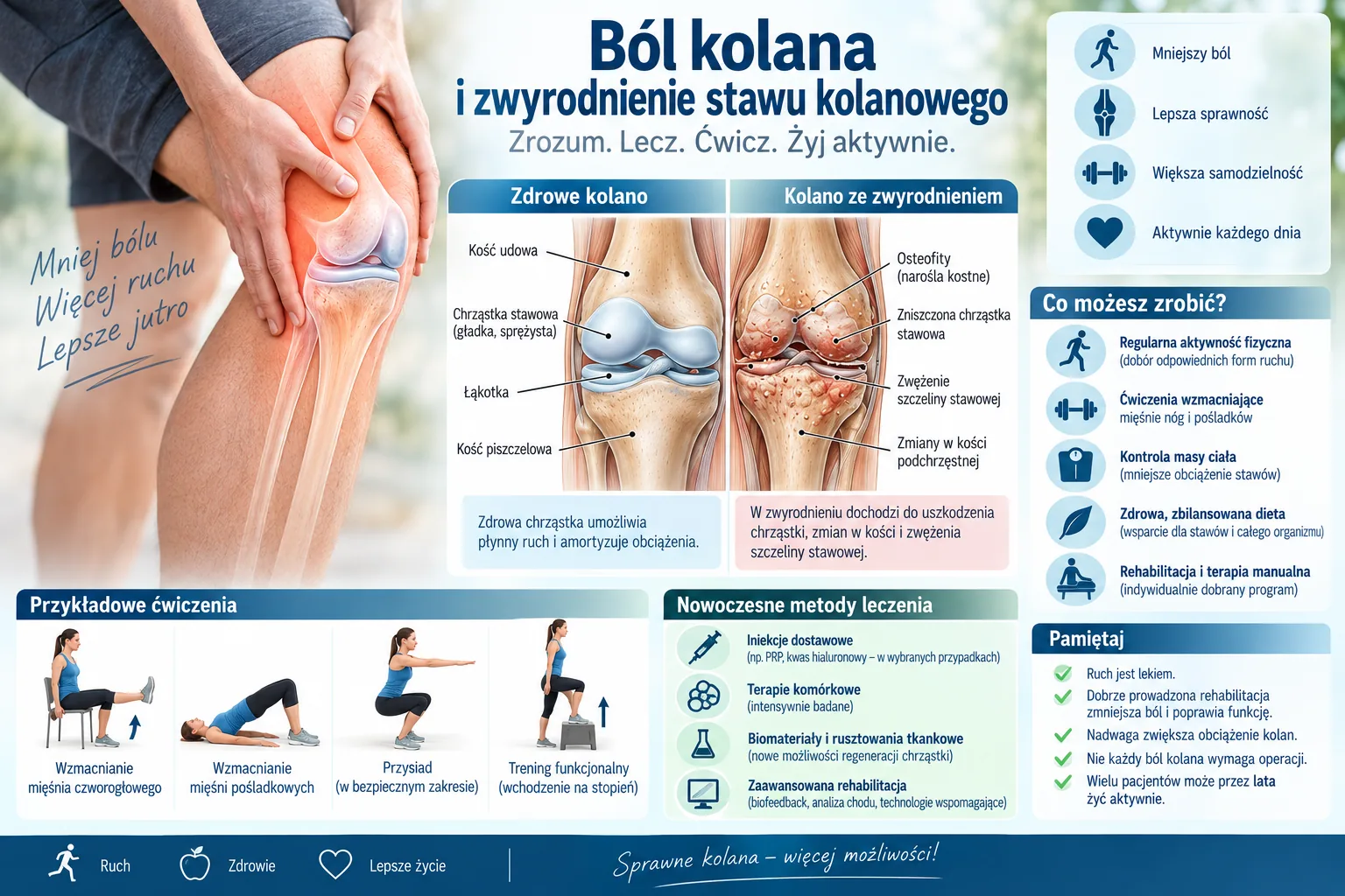 Infografika: zdrowe kolano i kolano ze zwyrodnieniem, przykładowe ćwiczenia, nowoczesne metody leczenia i zalecenia profilaktyczne